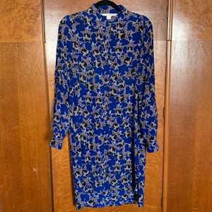 Diane Von Furstenberg Blue Silk Button Down All Over Star Print Dress Size 4